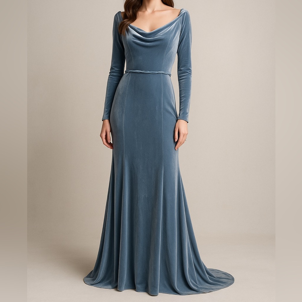 MoriLee by Madeline Gardner Blue Velvet Elegant Formal Evening Gown Size 6